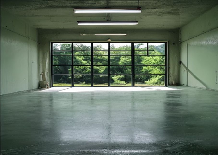 The same garage, empty and swept clean