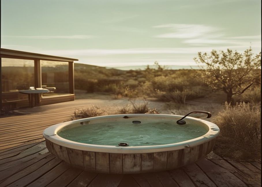 An old empty hot tub in a high-desert backyard