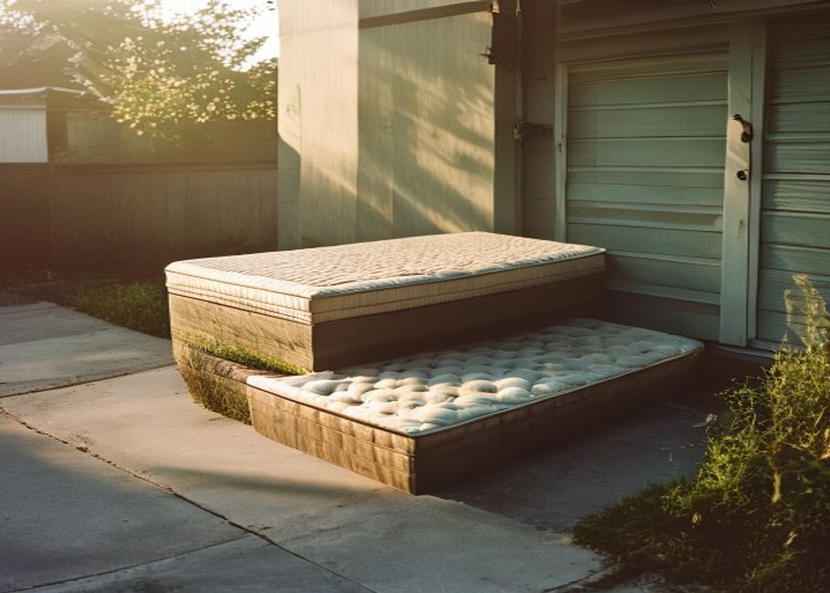 An old mattress leaning against a garage wall