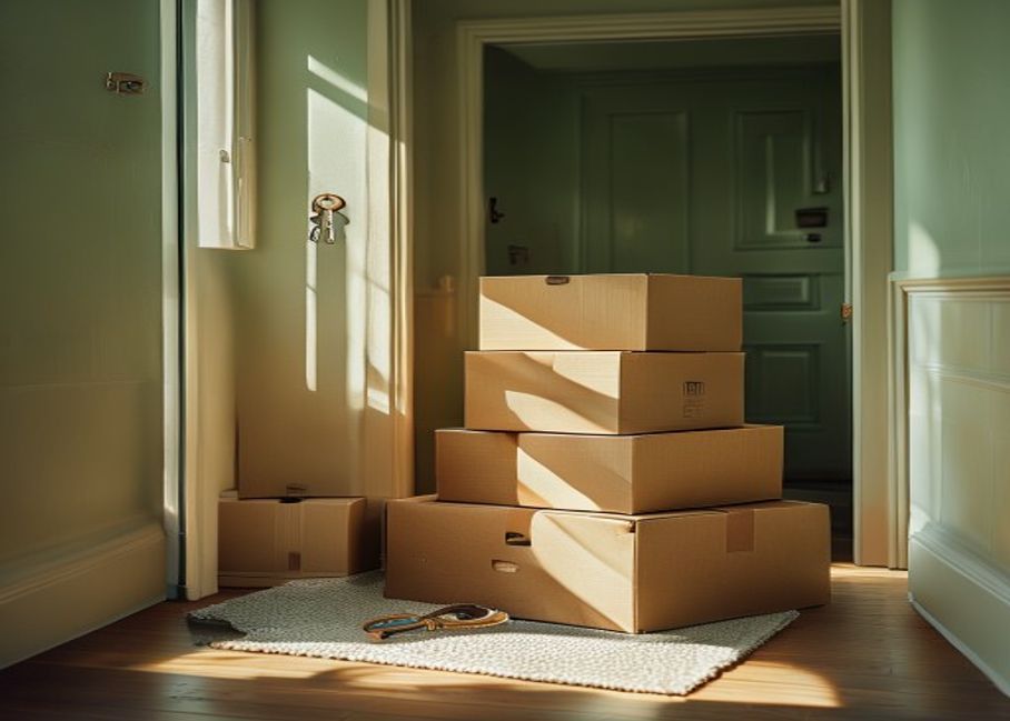Stacked moving boxes by a front door