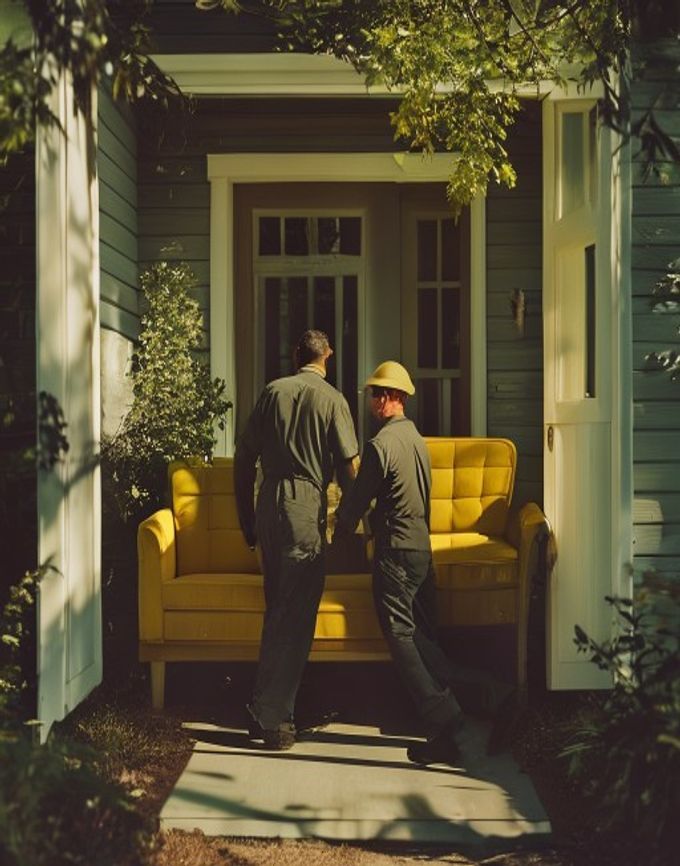 Two Green Spot crew members carrying a mustard-yellow sofa out of a house