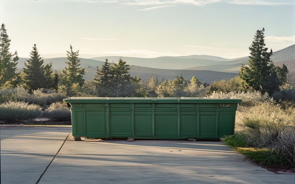 A deep green roll-off dumpster on a clean driveway, high-desert hills behind