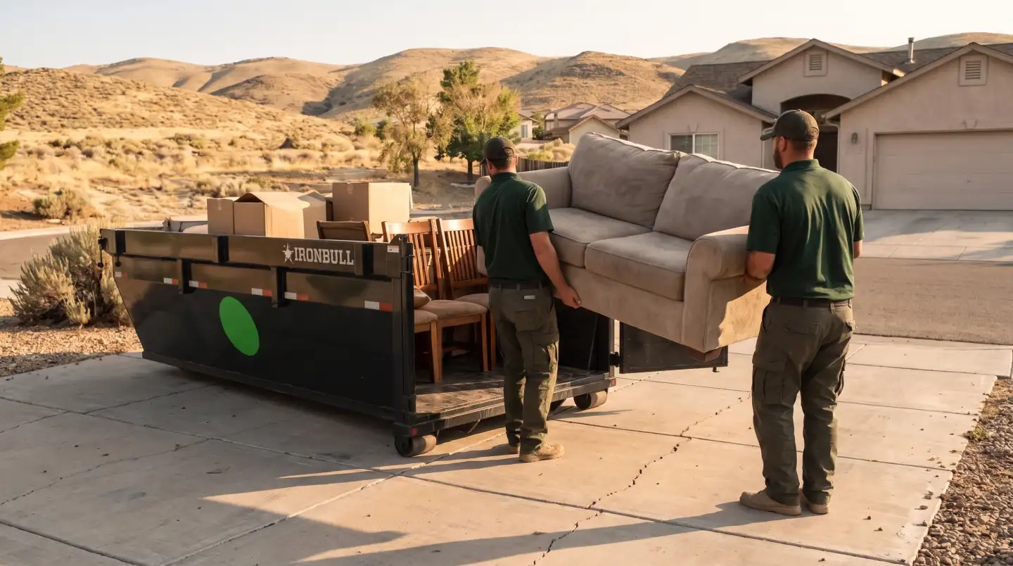 Green Spot Hauling crew loading a dumpster in Reno, Nevada