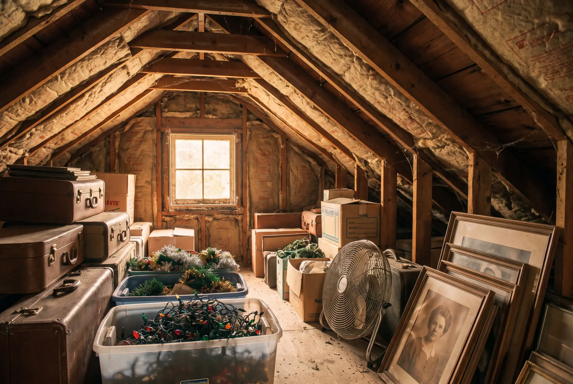 Packed attic with holiday decorations and boxes before cleanout in Reno NV