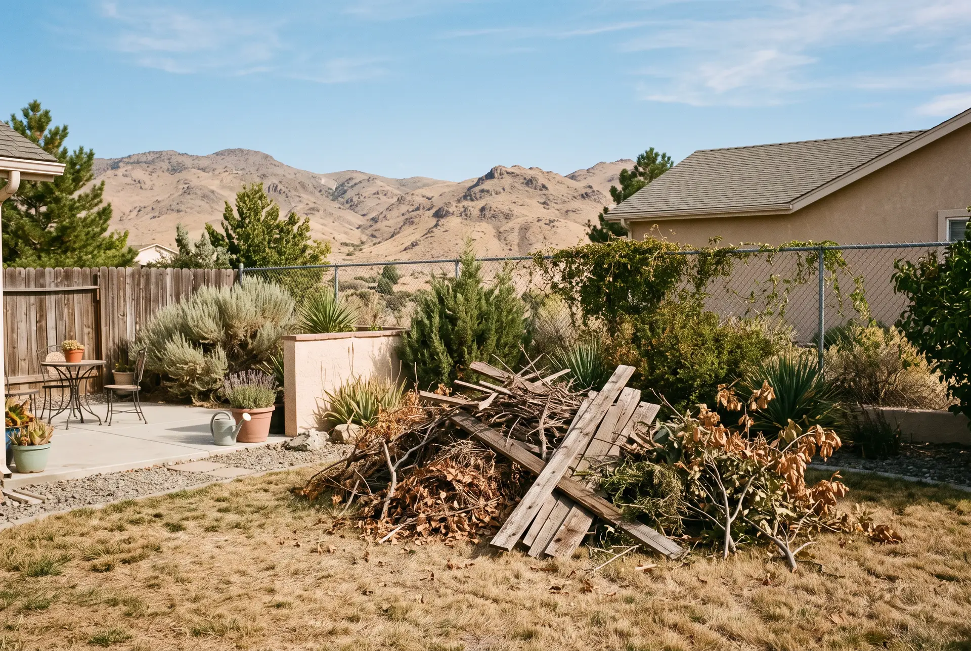 Backyard full of yard waste and debris before junk hauling in Reno NV