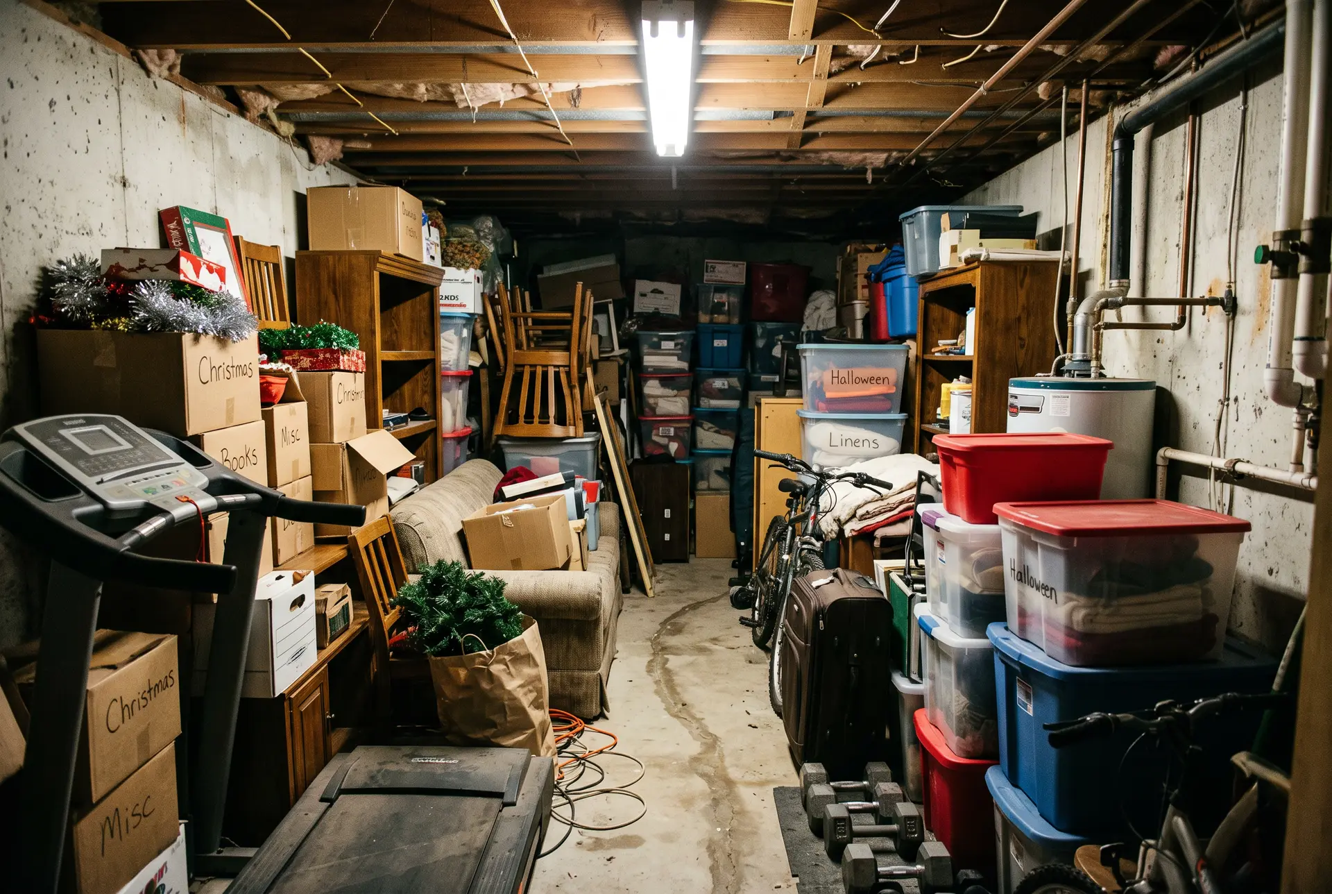 Messy basement full of old furniture and storage boxes before junk removal in Reno NV