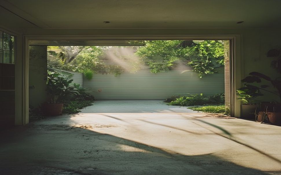 A sunlit, freshly cleared garage — swept concrete floor, morning light
