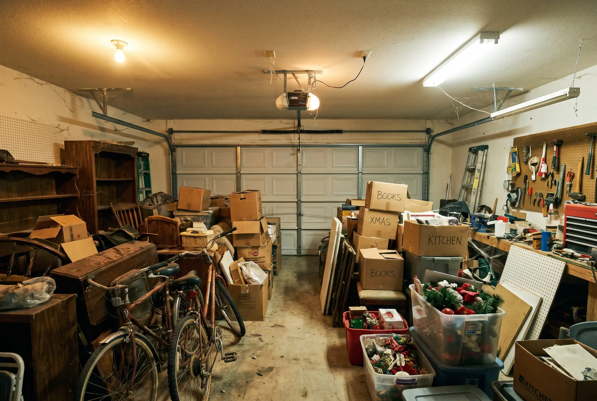 Cluttered garage packed with boxes and junk before removal in Reno NV