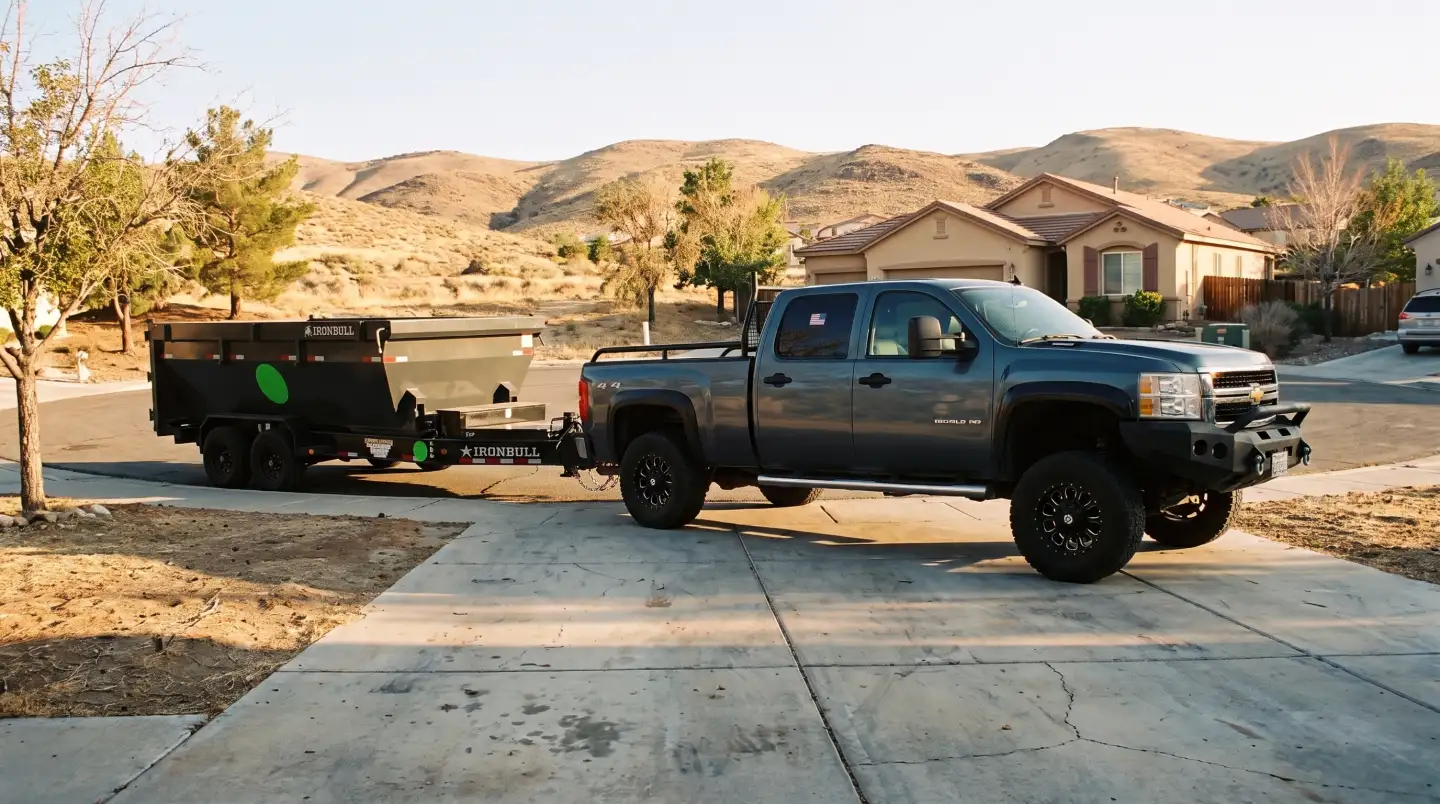 Junk hauling truck and dumpster trailer in Reno, Nevada