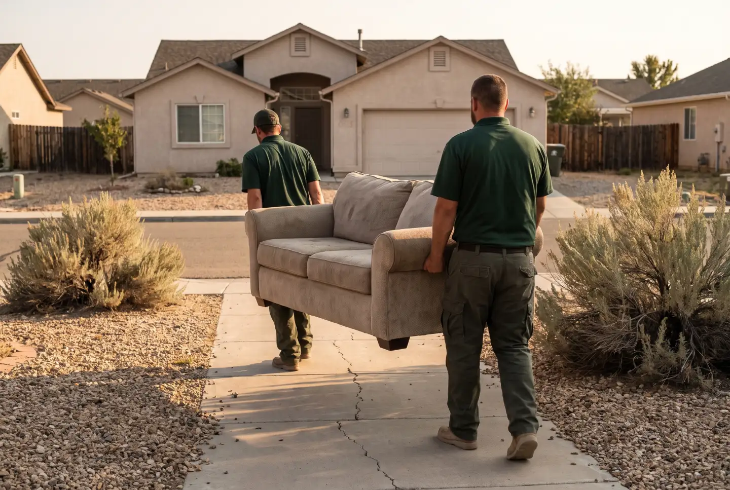 Junk removal crew carrying a couch from a home in Reno, Nevada