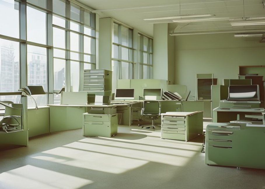 An office space being cleared, desks and chairs stacked by the windows