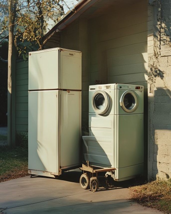 An old refrigerator strapped to a dolly in a driveway