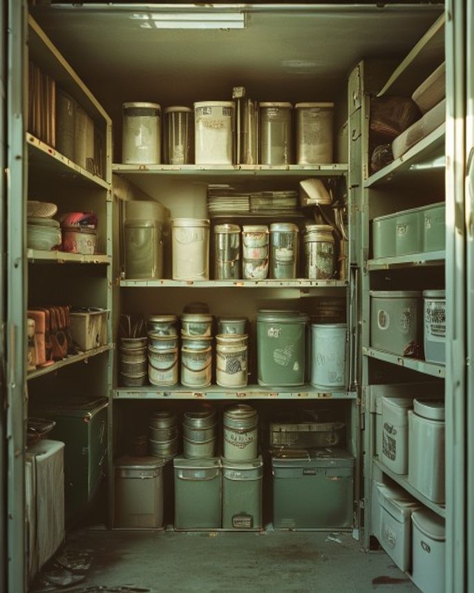 A packed storage space with shelves of boxes